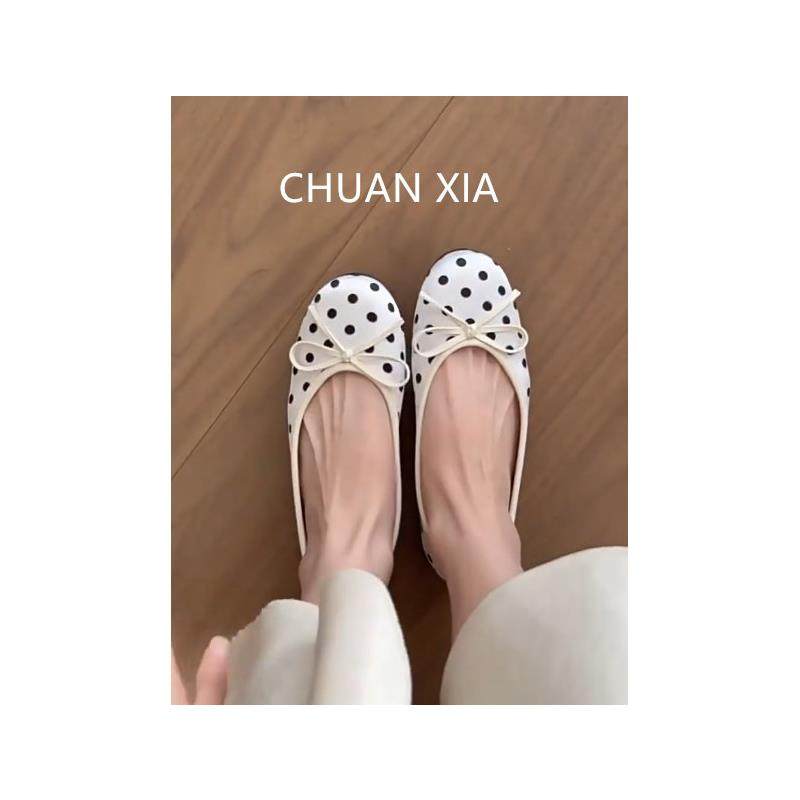 羊皮版~法式圆头波点浅口单鞋女平底蝴蝶结奶奶鞋温柔配裙子瓢鞋,女鞋,浅口单鞋,淘宝优惠券,粉丝福利购,淘宝优惠卷