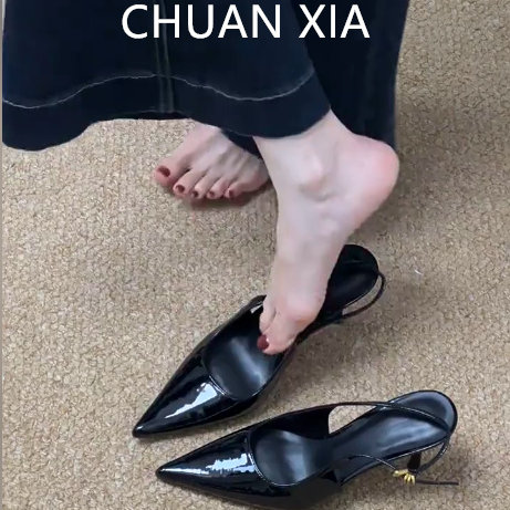 羊皮版~高级感尖头细跟单鞋女黑色配裙子包头凉鞋浅口性感高跟鞋