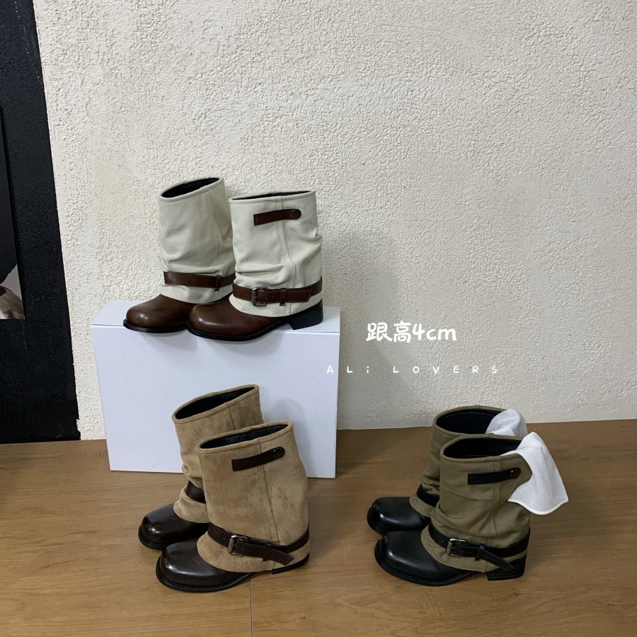 复古风皮带扣骑士靴女平