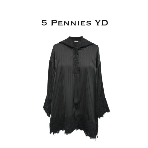 5 PENNIES YD 设计师款原创春季休闲黑色条纹蕾丝边上衣5S0928020