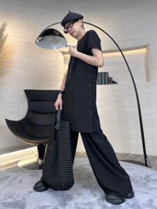 5 PENNIES YD设计师款女夏松紧腰阔腿裤+中长款侧边纽扣上衣套装