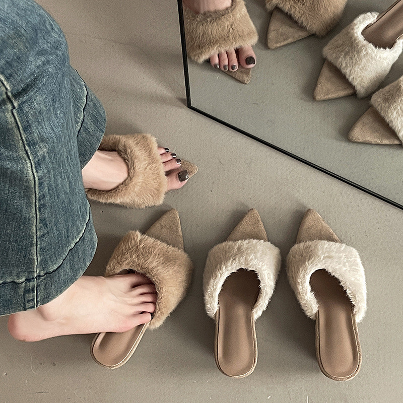 绒面百搭女生尖头增高坡跟毛毛一字拖外穿秋冬季舒适保暖