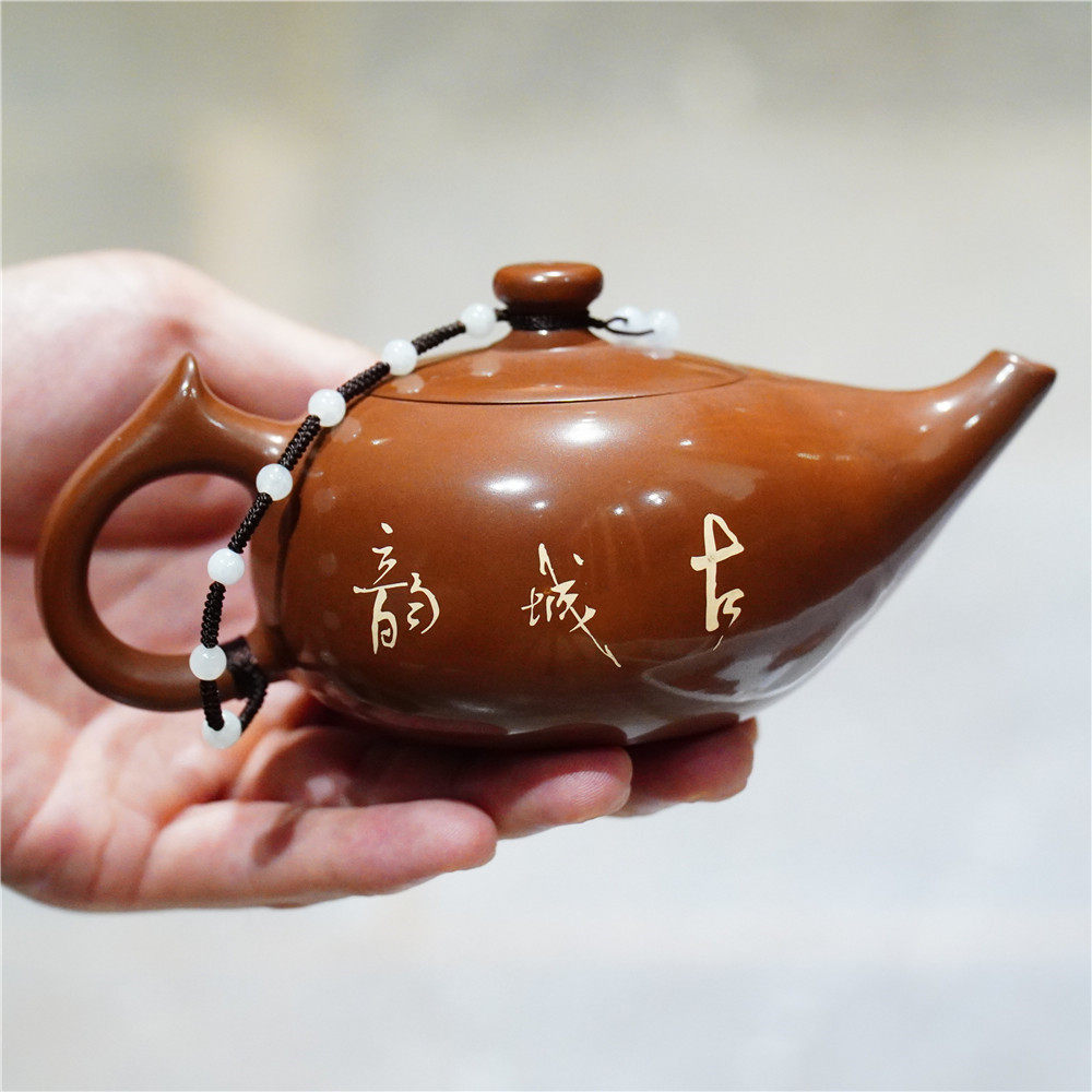 建水紫陶茶壶纯手工精品名家壶高端神灯壶无釉磨光书法字画收藏