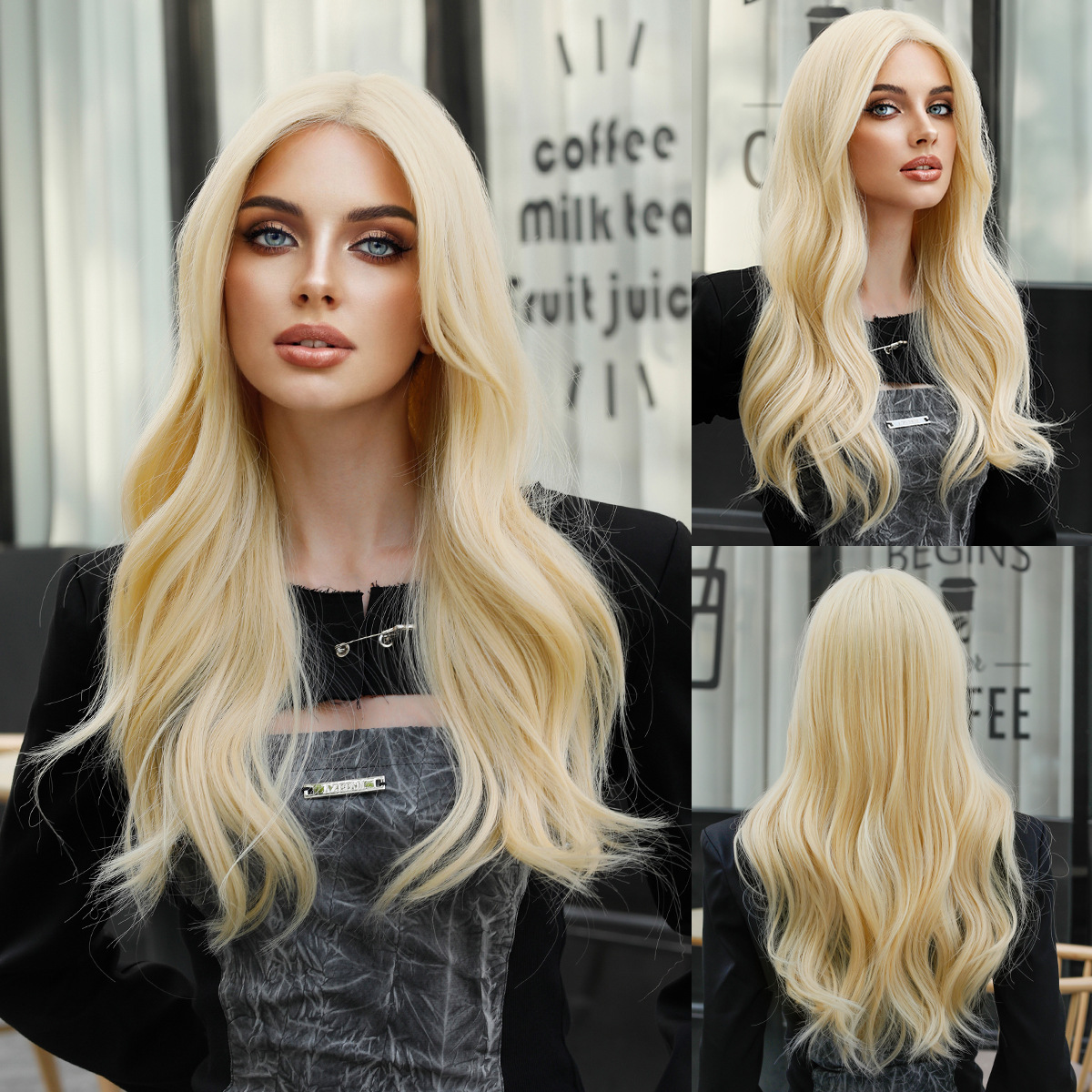 欧美金色长卷发假发女中分全头套日常时尚高温丝Blonde Wigs Hair