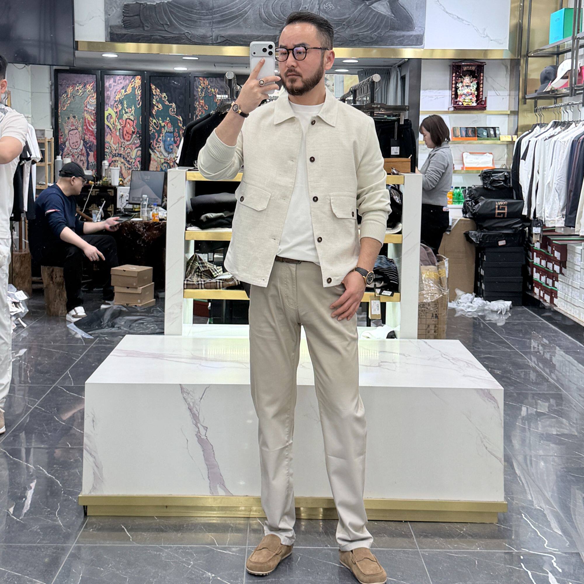 老钱风春夏男士针织拼接亚麻长袖翻领夹克 LW14