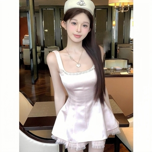 夏季 纯欲风甜美镶钻吊带连衣裙女装 小众设计感收腰生日A字短裙子