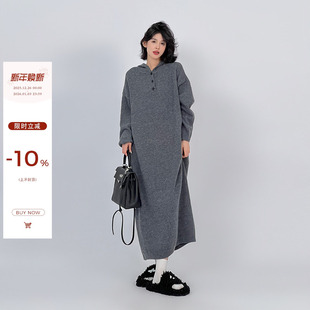 吴童童灰色过膝针织连帽连衣裙女秋冬慵懒风宽松休闲显瘦毛衣裙子