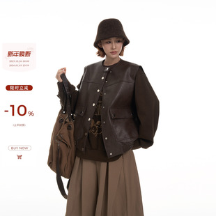 吴童童设计感圆领无袖 上衣 坎肩皮衣马甲女秋冬韩系高级感宽松开衫