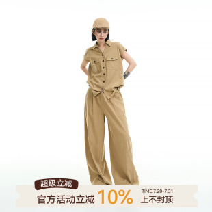 韩系休闲宽松显瘦百搭上衣 吴童童复古翻领正肩短袖 衬衫 套装 女夏季