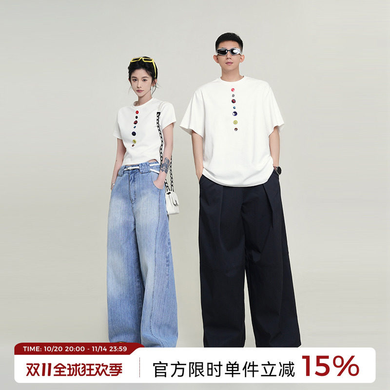 吴童童 圆领正肩小众短袖T恤女夏季韩系设计感修身显瘦情侣装上衣