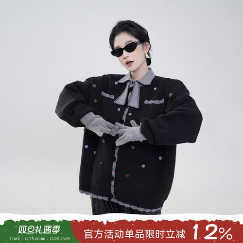 吴童童撞色圆领长袖软糯毛衣外套