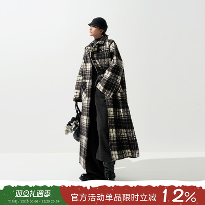 吴童童黑白格子翻领长袖毛呢外套