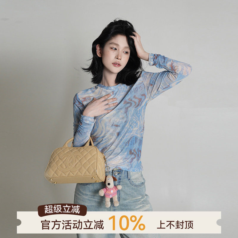 蓝色扎染网纱长袖T恤韩系图片