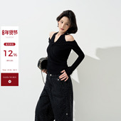 吴童童假两件挂脖收腰长袖 显瘦打底上衣 韩系修身 内搭针织衫 女春季