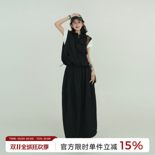 工装 吴童童黑色薄款 韩系宽松休闲中长款 新款 裙子 高腰半身裙女夏季