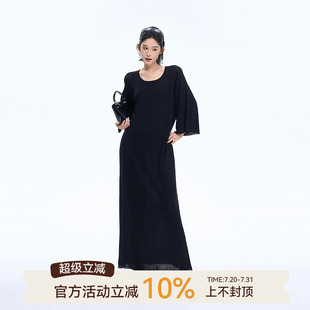 韩系简约宽松显瘦长裙子 吴童童黑色薄款 长袖 针织连衣裙女夏季 新款