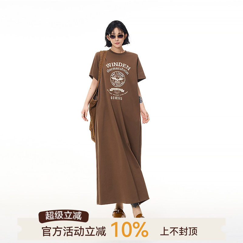 吴童童印花圆领短袖T恤连衣裙女夏季韩系慵懒风宽松显瘦直筒长裙