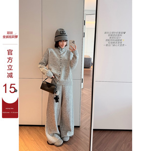 吴童童灰色高领长袖针织毛衣外套女秋冬韩系慵懒宽松显瘦开衫上衣