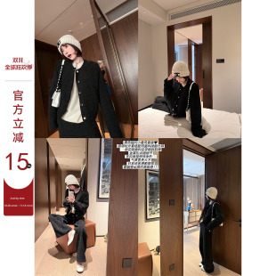 吴童童小香风圆领长袖夹棉外套女秋冬韩系时尚宽松开衫长裤套装
