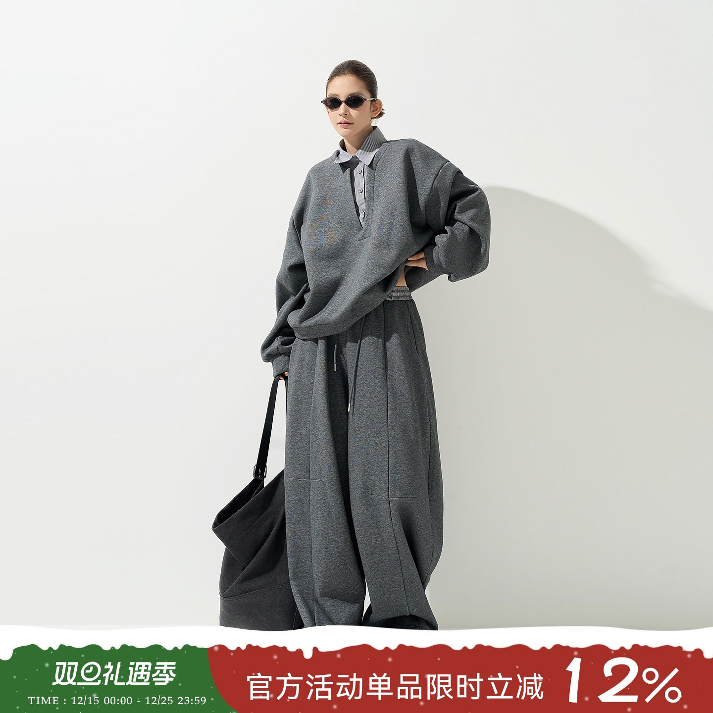 吴童童加绒翻领假两件长袖卫衣