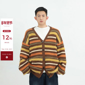 外套情侣同款 吴童童 条纹V领针织毛衣开衫 秋韩系宽松简约百搭上衣