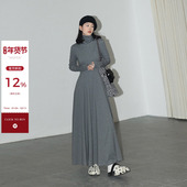 吴童童 纯色高领修身 收腰A字连衣裙女秋冬韩系打底内搭抓绒长裙子