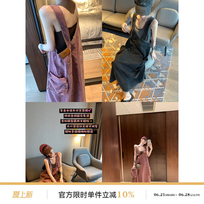 复古做旧无袖牛仔背带连衣裙