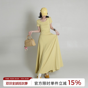 黄色圆领短袖 收腰A字长款 连衣裙女夏季 韩系修身 裙子 新款 吴童童