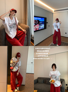 卡通印花圆领中长款短袖T恤女夏