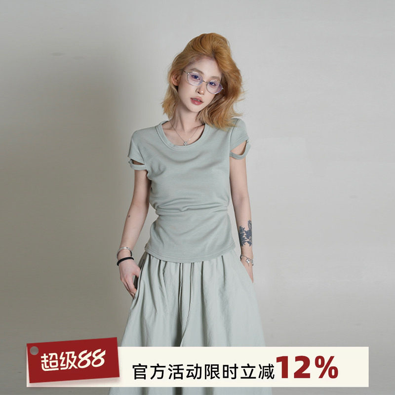 绿色修身正肩短袖T恤韩系图片
