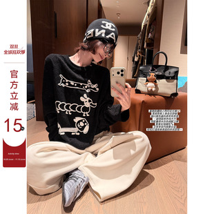 吴童童卡通印花圆领长袖T恤女秋冬新款韩系百搭宽松显瘦套头上衣