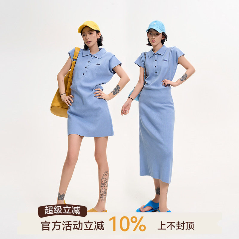 吴童童翻领刺绣短袖针织连衣裙图片