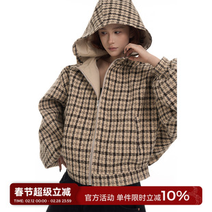 吴童童高级感格子连帽长袖外套女秋冬韩系设计感宽松显瘦开衫上衣