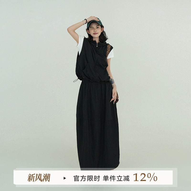 黑色薄款高腰中长款工装半身裙图片