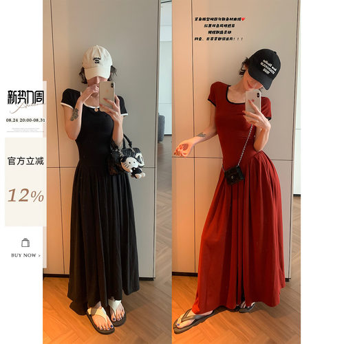 吴童童撞色圆领短袖T恤连衣裙