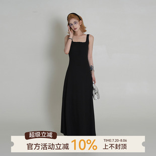 收腰长款 吴童童 韩系简约修身 黑色方领无袖 裙子 背心连衣裙女夏季