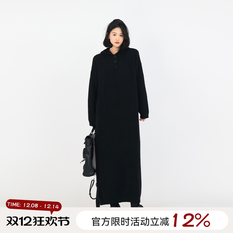 过膝遮肉纯色气质连衣裙