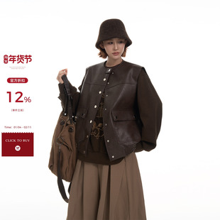 吴童童设计感圆领无袖坎肩皮衣马甲女秋冬韩系高级感宽松开衫上衣