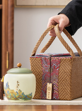 千里江山陶瓷茶叶罐礼盒装布包大号防潮密封罐高档存储空罐家用