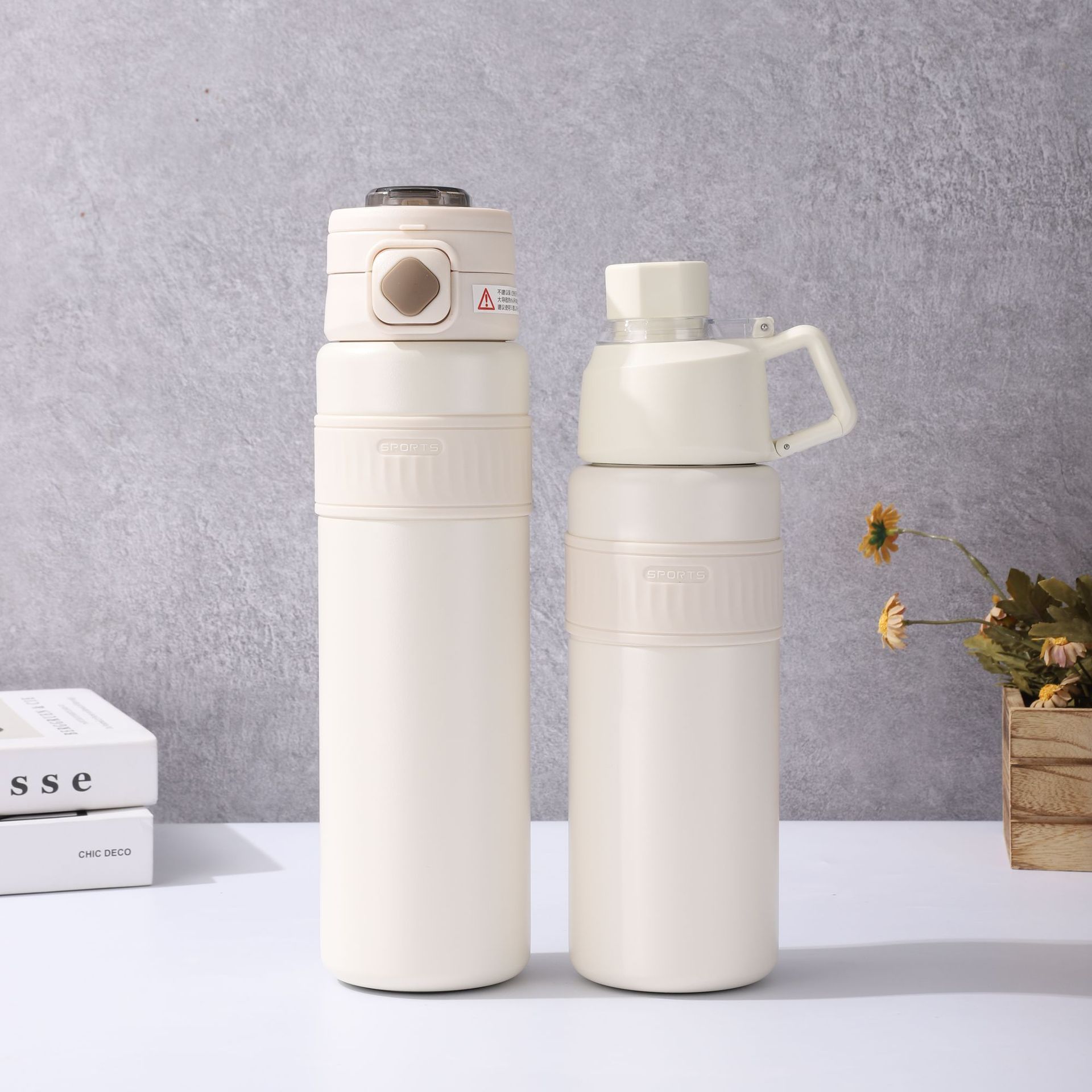 跨境简约大容量双层真空车载汽车用不锈钢手提双饮弹出式保温杯