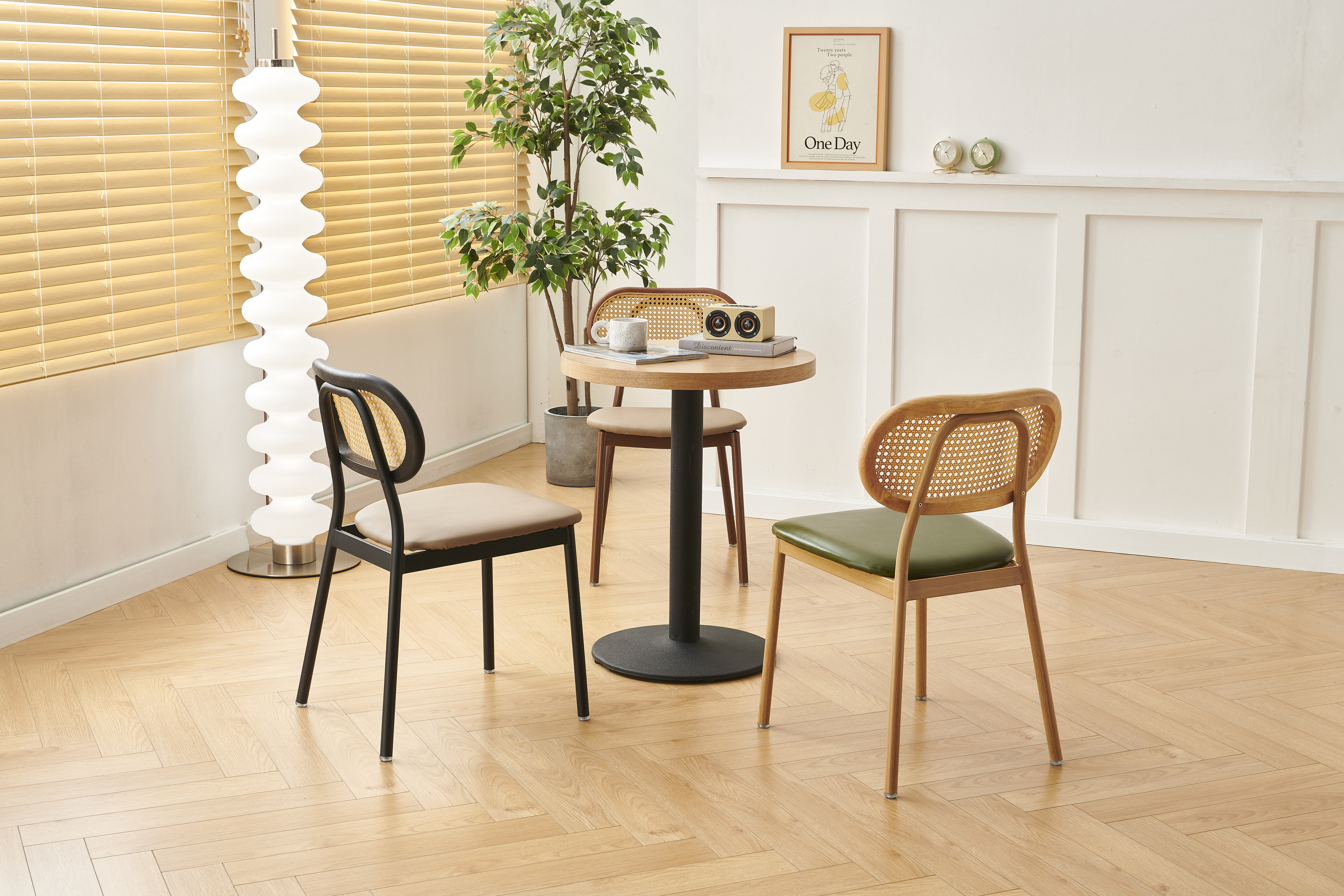 侘寂风中古藤编餐椅家用实木靠背椅子轻奢咖啡厅休闲复古餐厅凳子