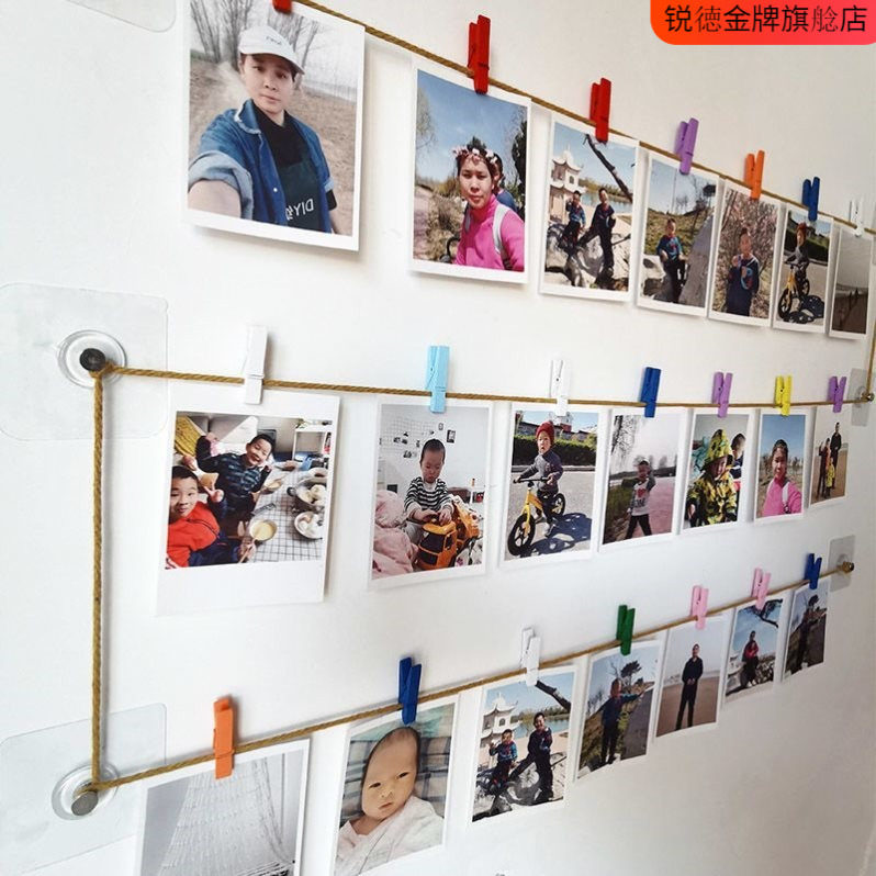 相册墙网红照片墙装饰彩色小木夹子diy装饰网格挂墙网红创意相片