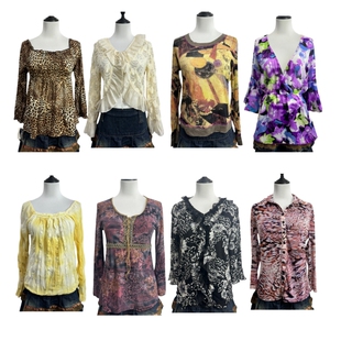 vintage古着C4欧美风复古豹纹长袖女网纱Y2K辣妹亚比嬉皮外贸上衣