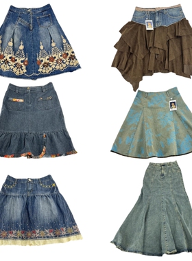 vintage古着55复古珠绣A字裙减龄学院休闲时尚Y2K少女牛仔半身裙