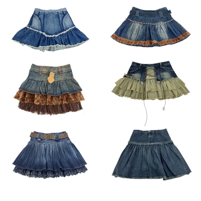 短裙百褶复古不规则牛仔港风百搭