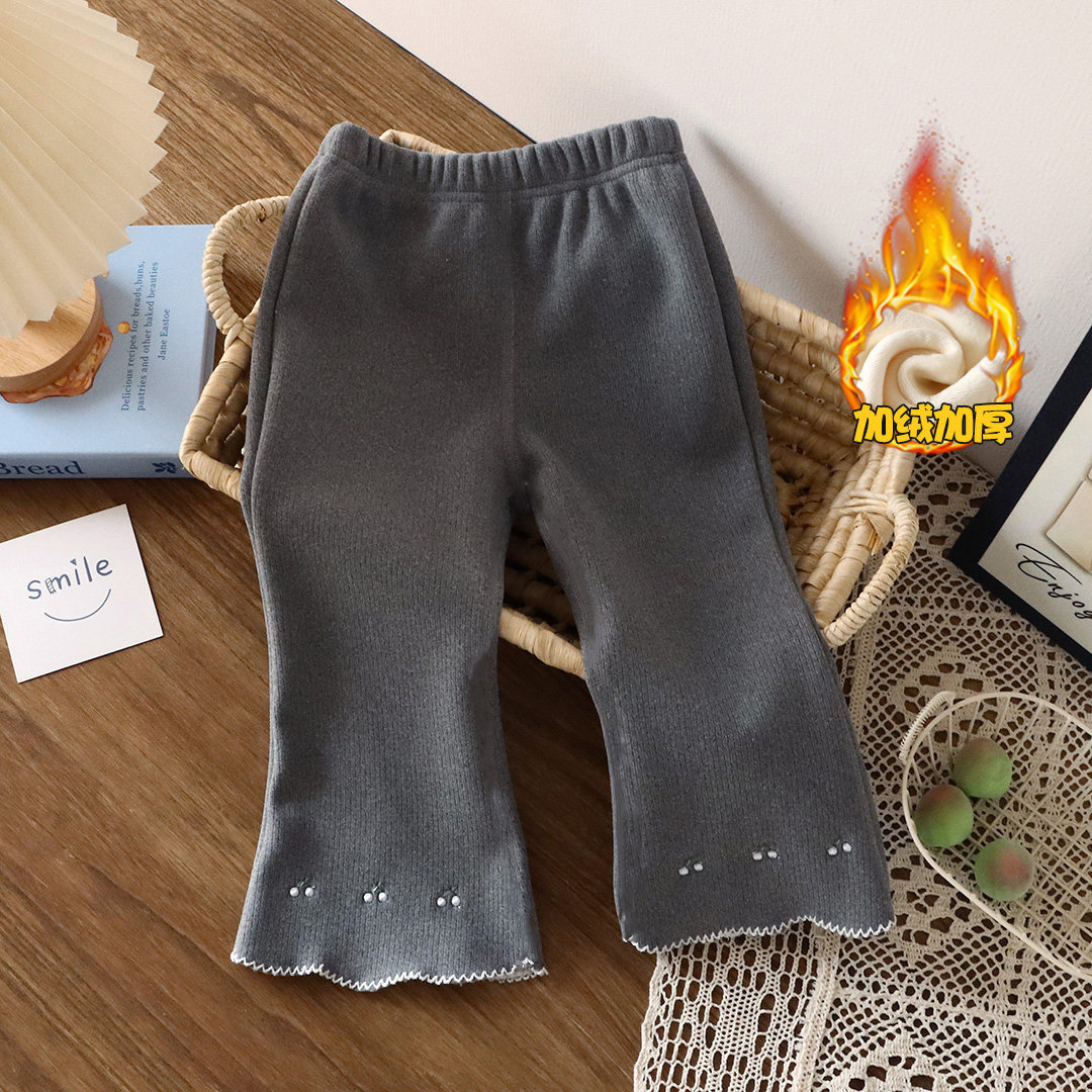 女宝喇叭裤加绒长裤秋款韩版洋气宝宝樱桃刺绣加绒百搭打底裤外穿