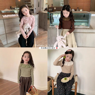 AINI女童仿羊绒上衣春秋款弹力蕾丝花边领中小童装洋气长袖打底衫