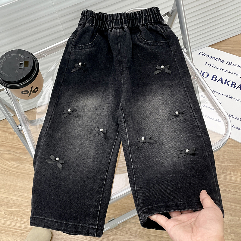 女童牛仔裤直筒阔腿裤宝宝百搭宽松长裤子水洗软牛仔春秋季新款女