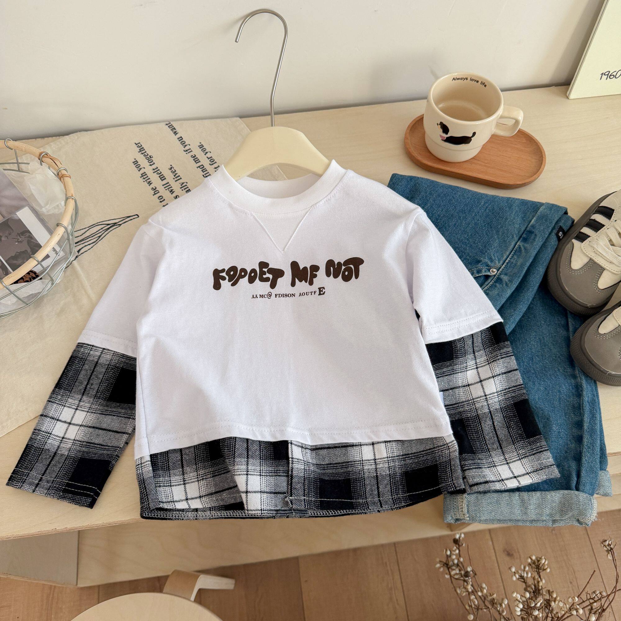 儿童长袖T恤休闲圆领打底衫拼接假两件新款纯棉内搭男童春款韩版