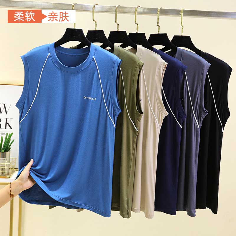 大码男士背心上衣夏季薄款套头无袖上衣宽松无袖莫代尔跨栏运动衫